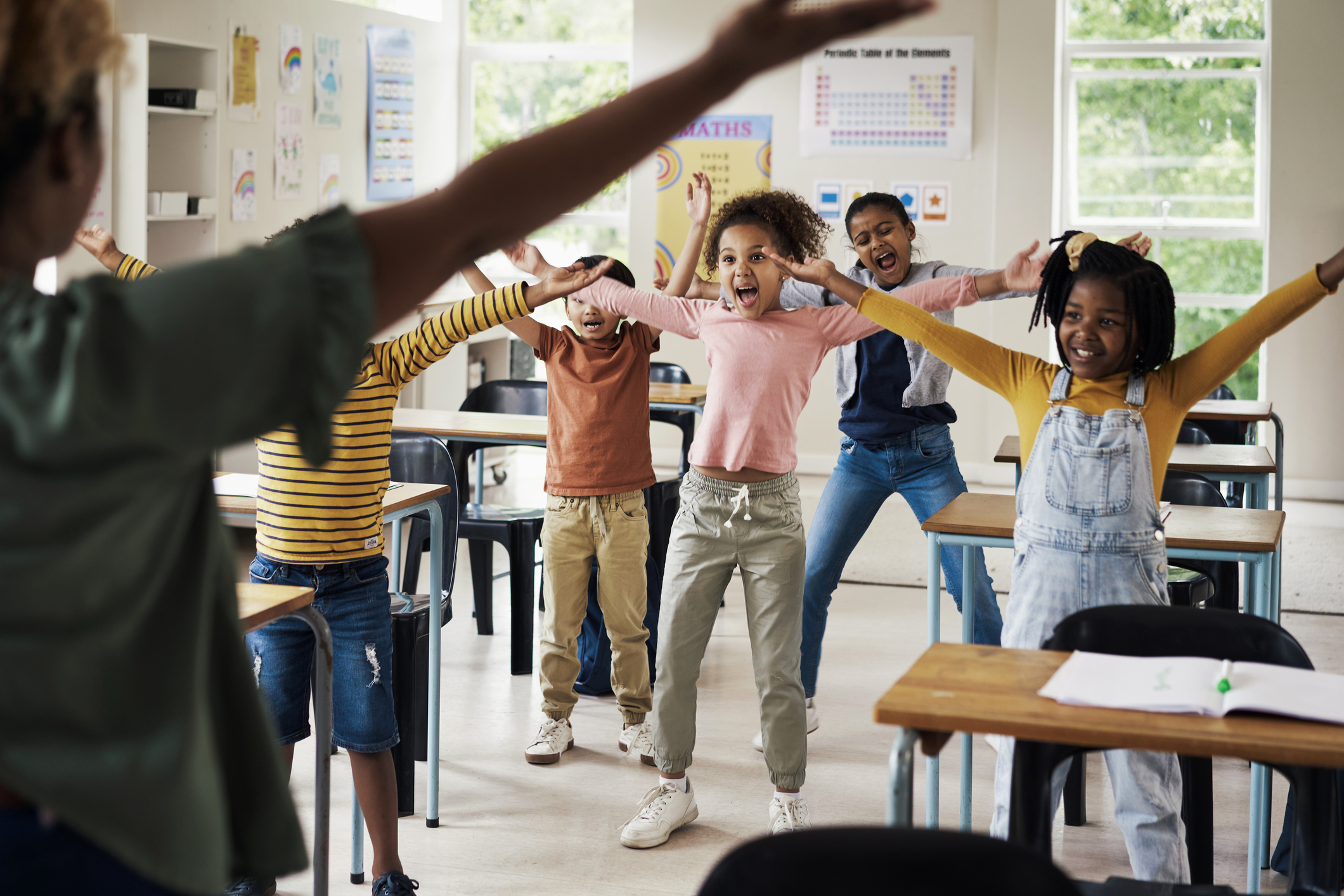 Kids, stretching and classroom fitness for Back to School Chiropractic health, wellness and children growth in a school 